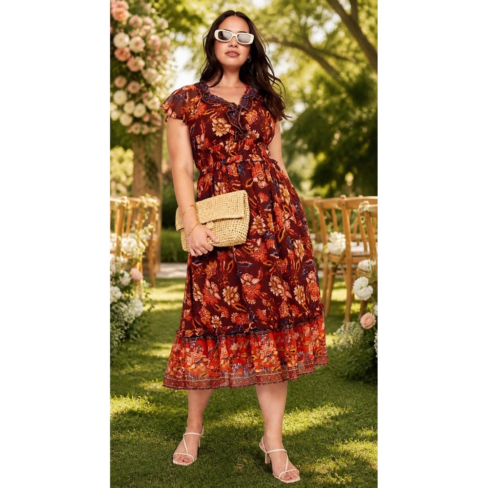 Old Navy Boho Floral Midi‎ Dress XL Ruffle Hem Flutter Sleeve Peasant Festival
